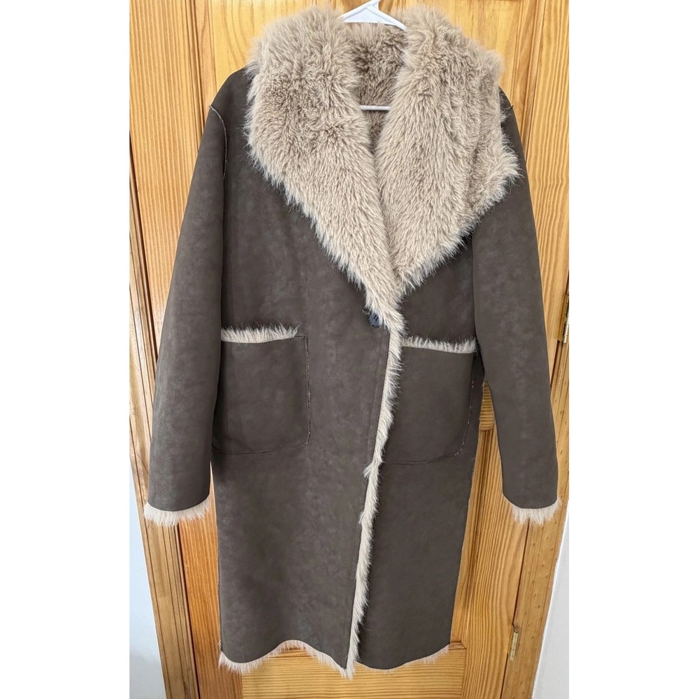 Zara Women Reversible Brown Faux Shearling Long Coat Fur Collar Pockets Size S